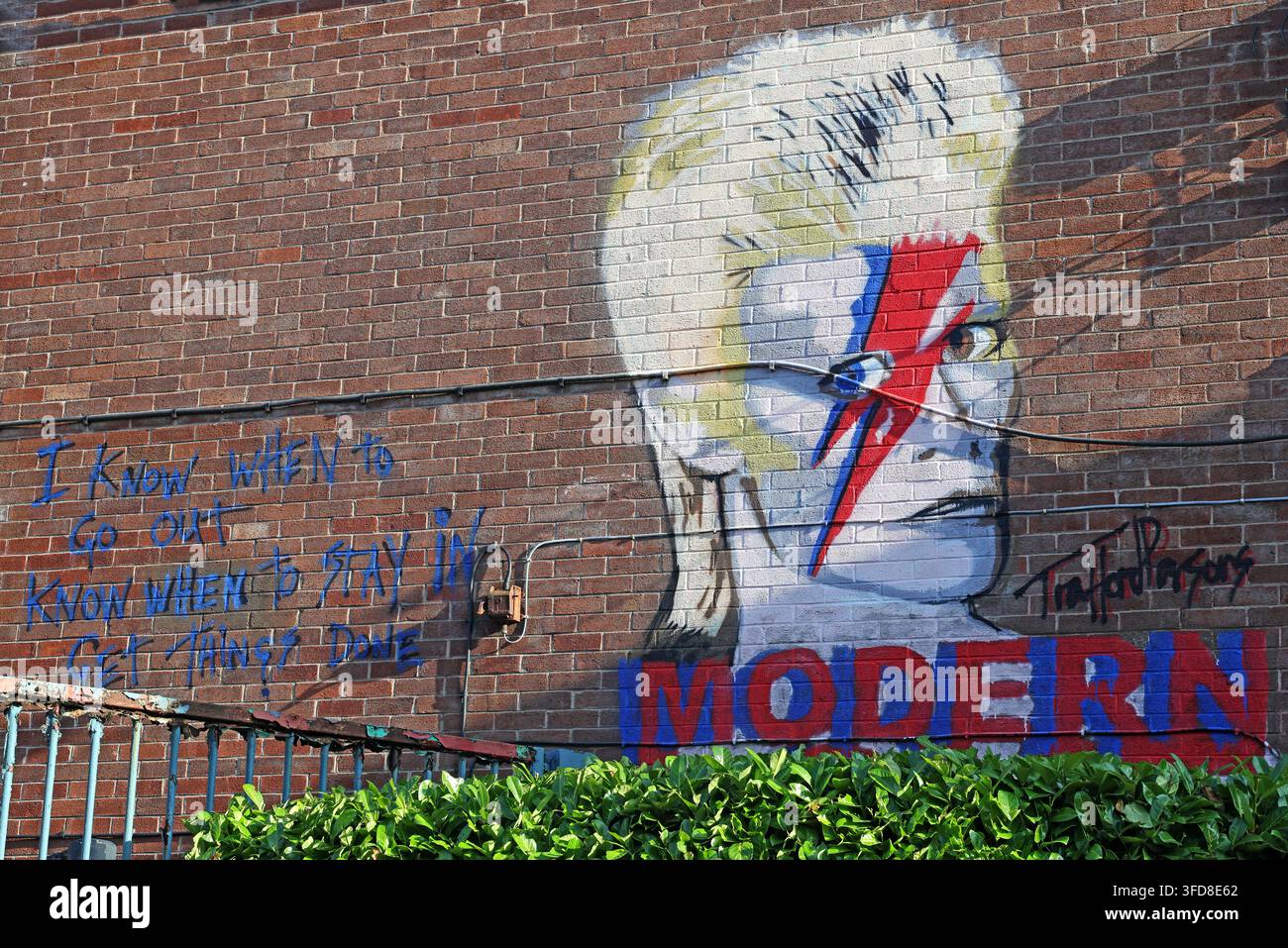 David Bowie “Modern Love” mural on a brick wall in Northwich, Cheshire. Stock Photo
