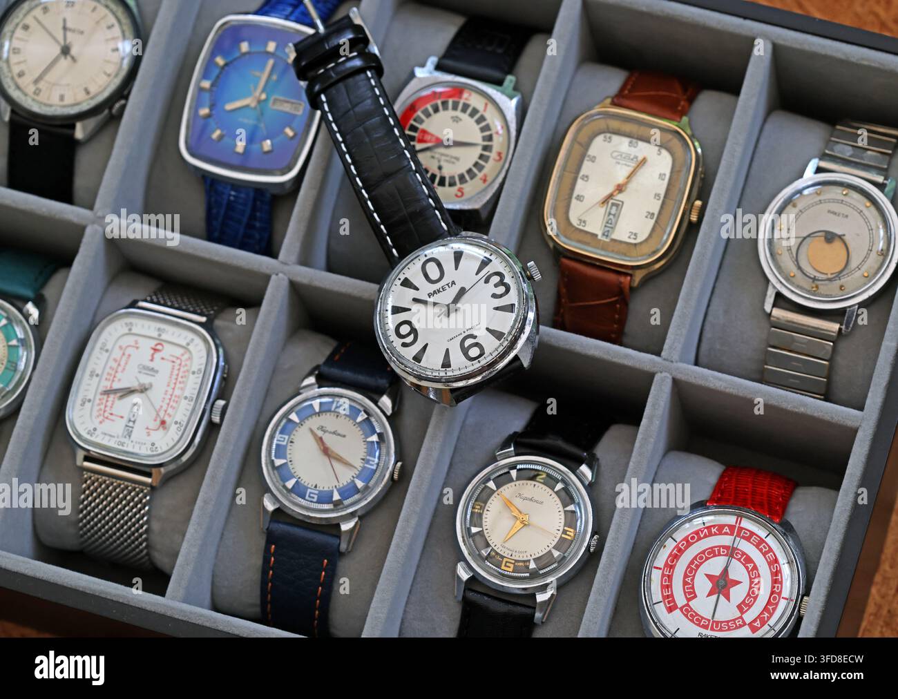 Collection of Soviet-made wristwatches including Petrodvorets/Raketa designs from the USSR era. Stock Photo