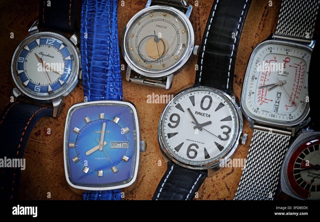 Selection of vintage Soviet USSR wristwatches including Moscow-factory designs. Stock Photo