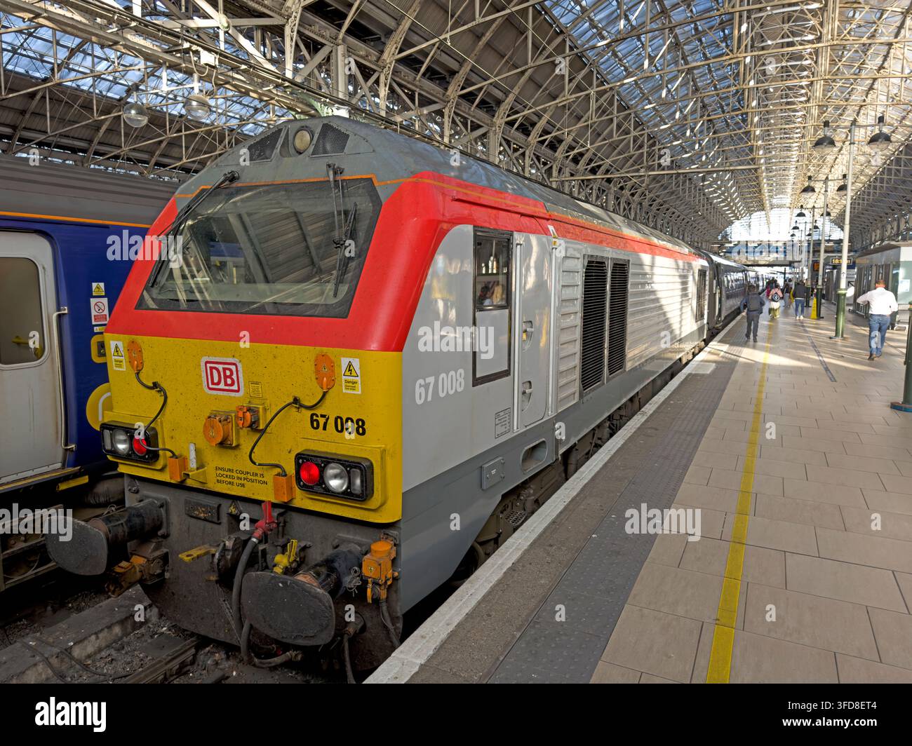 DB Cargo Class 67 diesel locomotive 67008 at Manchester Piccadilly on a Transport for Wales train. Stock Photo