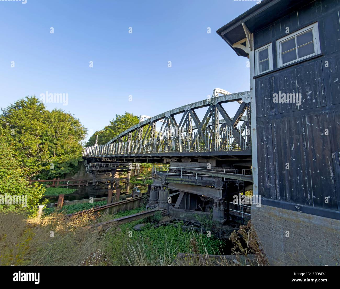 Rear view of Northwich Town Bridge showing the swing-bridge support and floating mechanism. Stock Photo