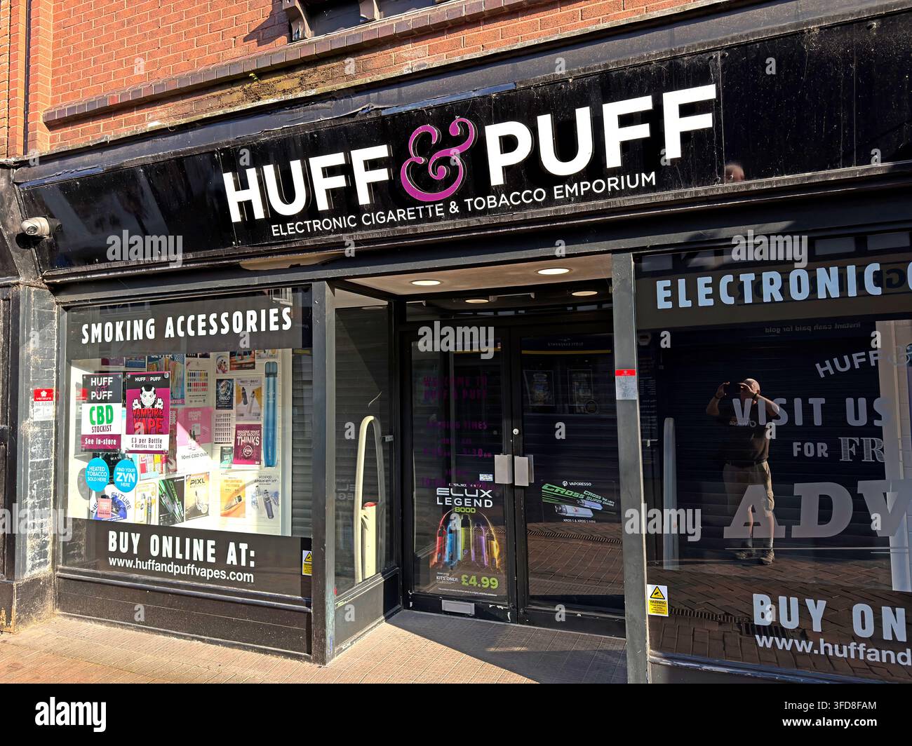 Huff & Puff electronic cigarette, tobacco and CBD shop in Northwich, Cheshire, illustrating changing British high streets and growth of vaping retail. Stock Photo