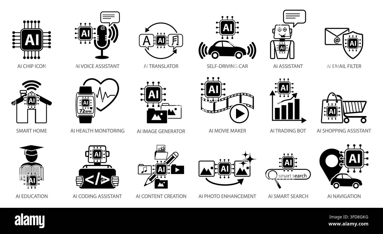 Artificial intelligence application icons set featuring AI assistant, translator, coding assistant, image generator, content creation, smart search an Stock Vector