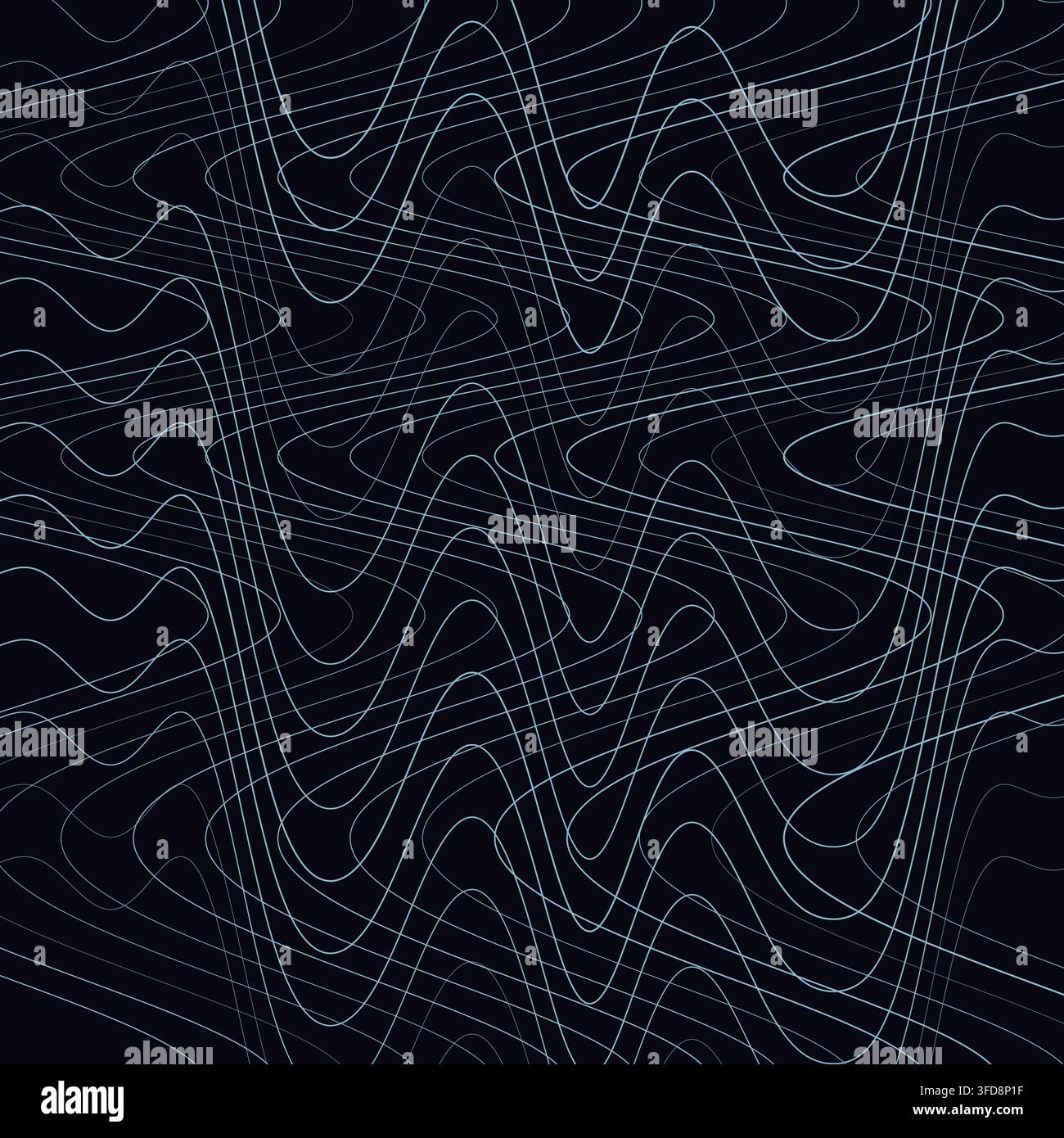 This abstract vector background features a distorted, overlapping wireframe mesh of thin light blue wavy lines on a deep navy canvas. The complex Stock Vector