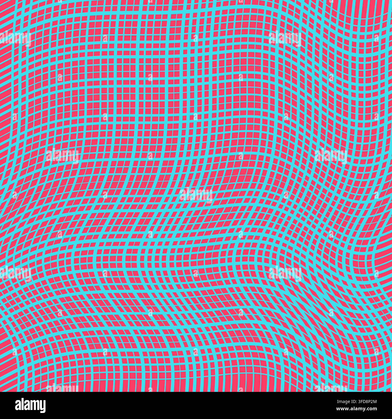 This vibrant vector background features a distorted cyan grid mesh over a bold pink canvas, creating a dynamic optical illusion effect. Stock Vector