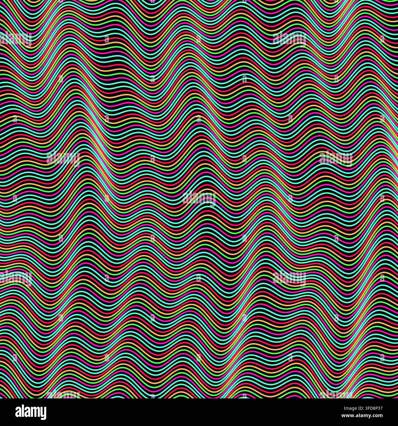 A vibrant, multi-colored abstract vector pattern featuring complex wavy lines against a black background, creating a dynamic op-art effect for B2B Stock Vector