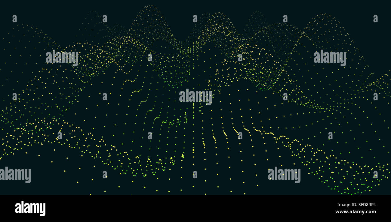 Abstract digital landscape with flowing particles, 3d wave background, technology and data visualization concept Stock Vector