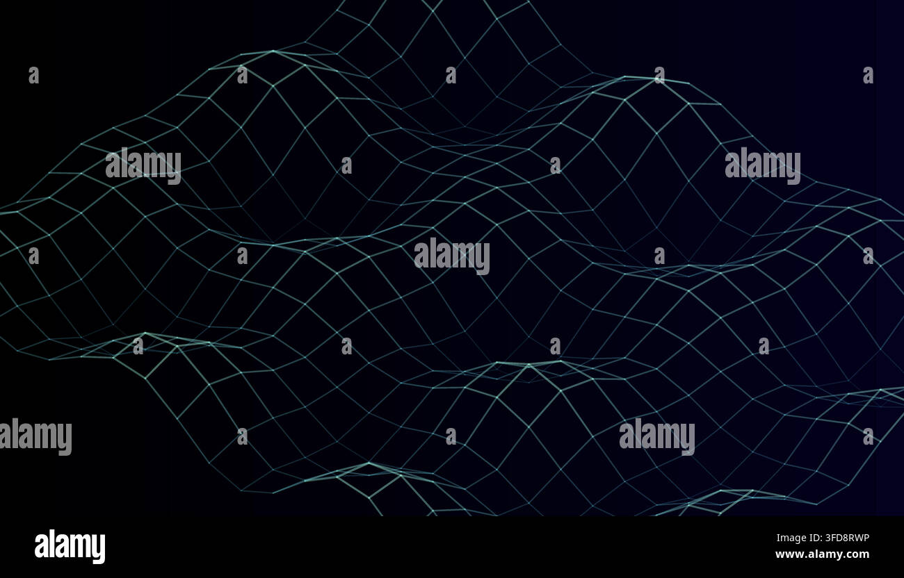 Abstract digital landscape with a glowing wireframe grid surface on a dark background Stock Vector