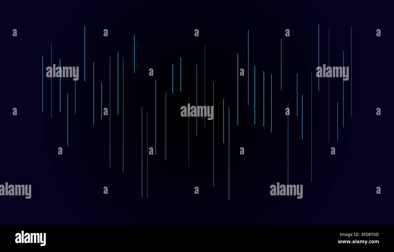 Abstract digital sound wave visualization with glowing vertical lines on a dark blue background Stock Vector