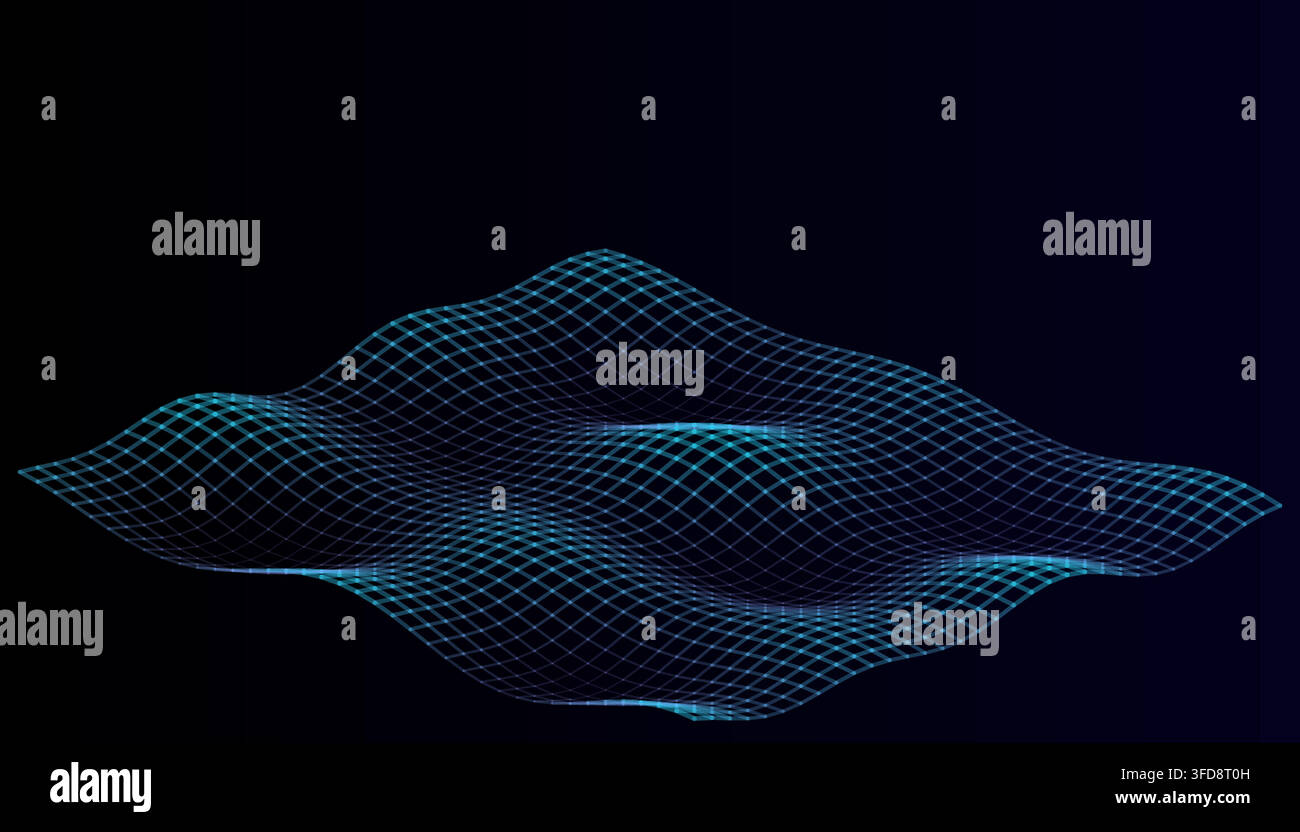 A 3D visualization of a digital terrain or wave pattern, featuring a glowing blue wireframe mesh structure against a deep black background. Stock Vector