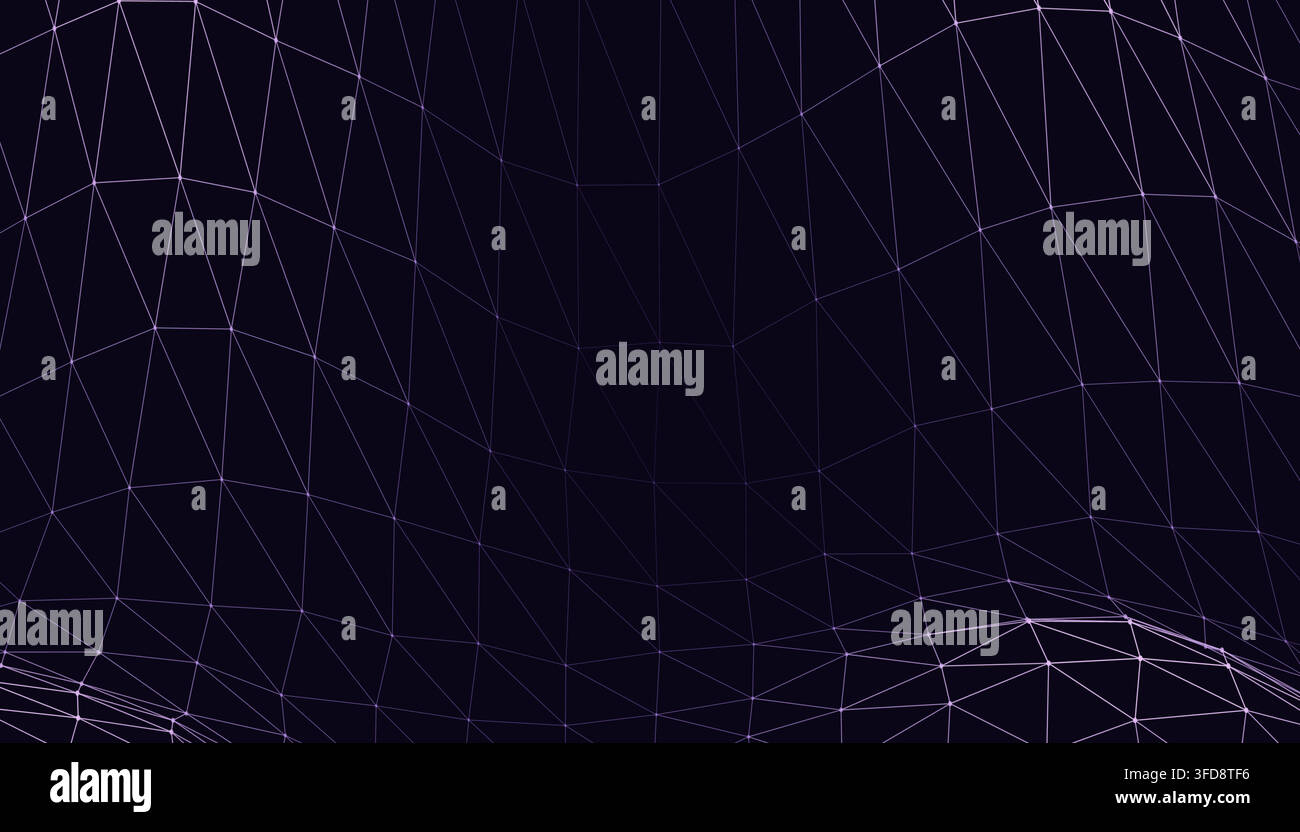 Abstract digital landscape with a glowing purple wireframe mesh surface Stock Vector