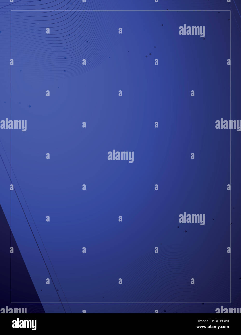 Abstract background featuring elegant flowing wavy lines and scattered dots on a deep blue gradient surface with a thin rectangular frame. Stock Vector