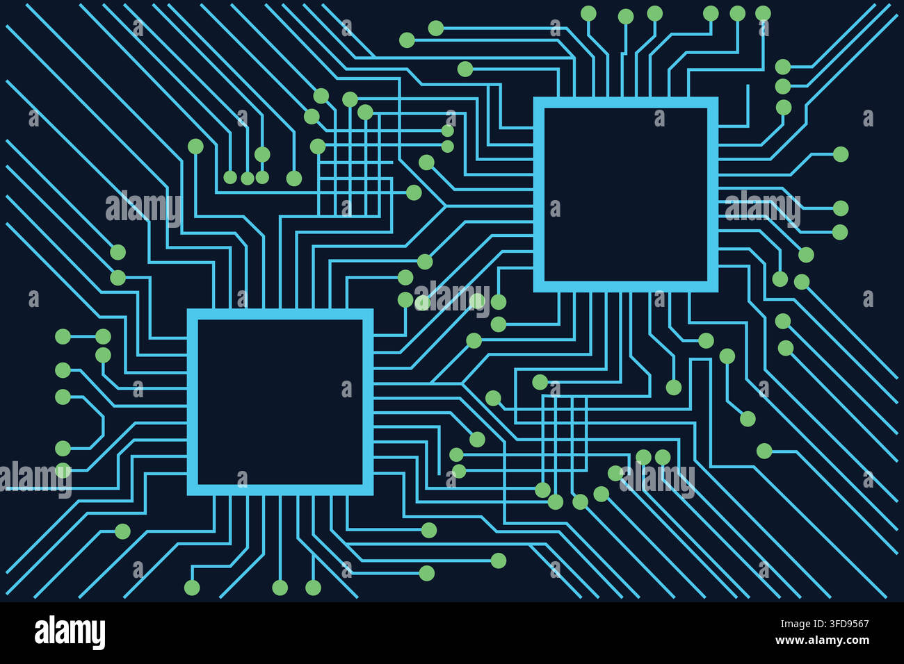 Abstract technological background featuring two integrated circuit chips connected by complex blue data pathways on a dark background. Stock Vector