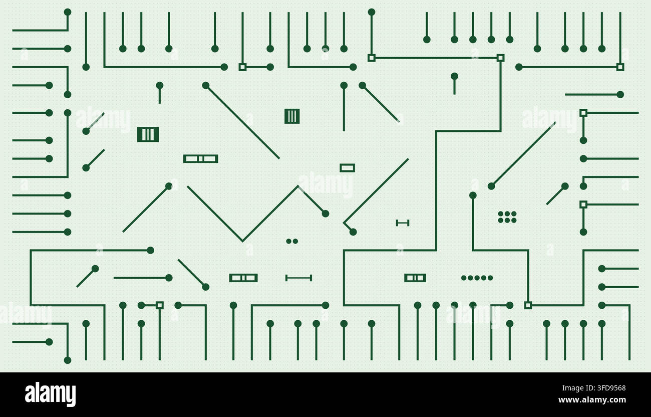 Abstract digital technology background with a green circuit board pattern, featuring electronic lines, nodes, and components on a light background. Stock Vector