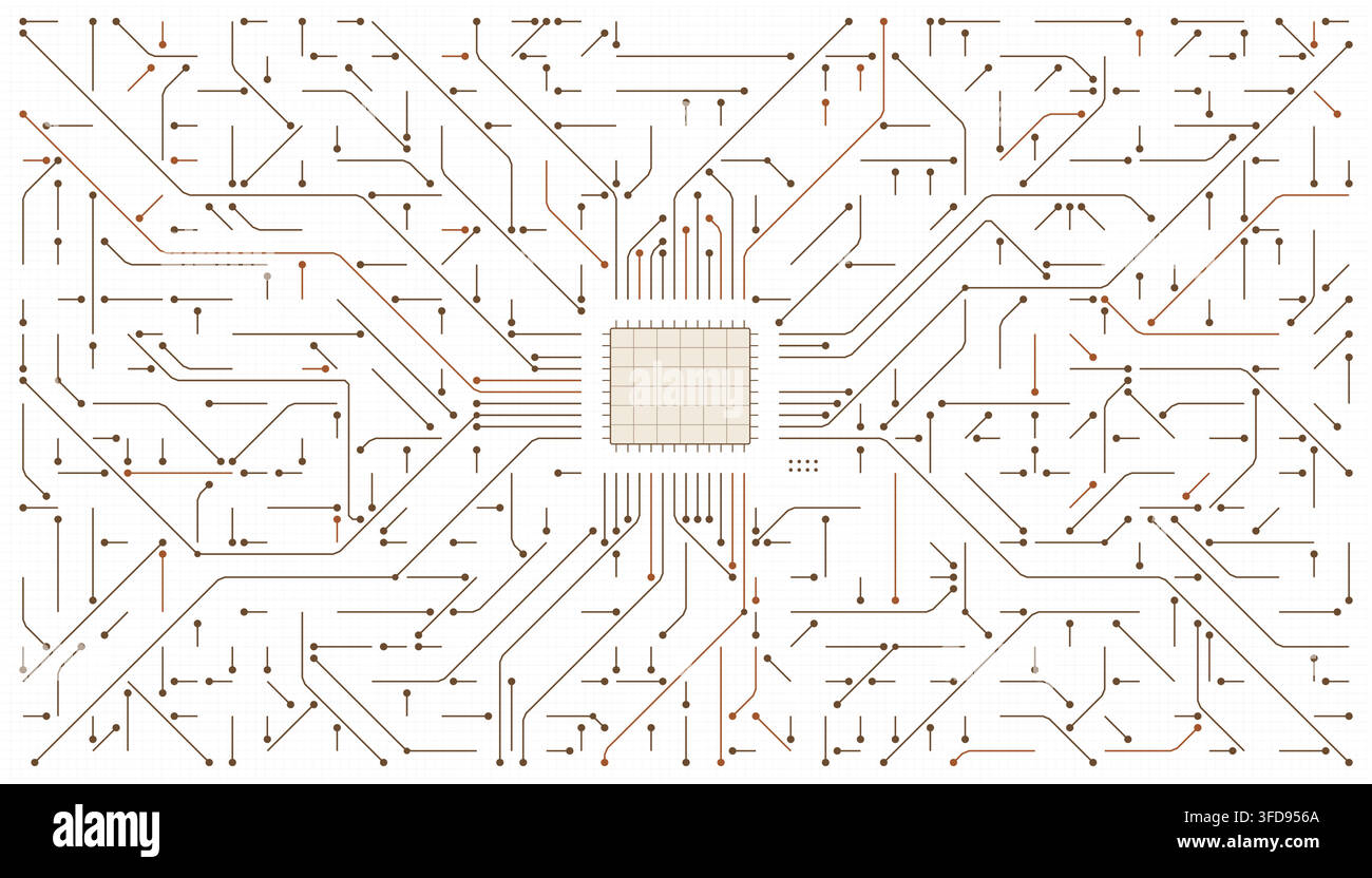 Abstract digital technology background featuring a central microchip processor with complex electronic circuit board traces radiating outwards. Stock Vector