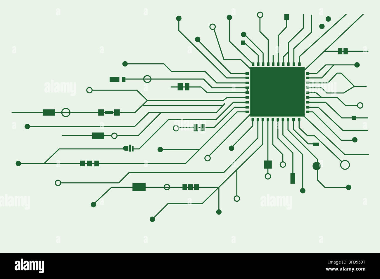 Abstract technological background featuring a central microchip processor with intricate circuit board lines and electronic components. Stock Vector