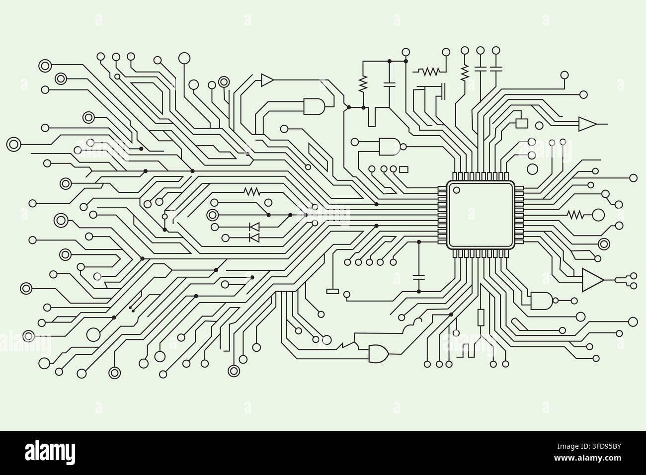 Abstract electronic circuit board design with a central microprocessor and various electronic components Stock Vector