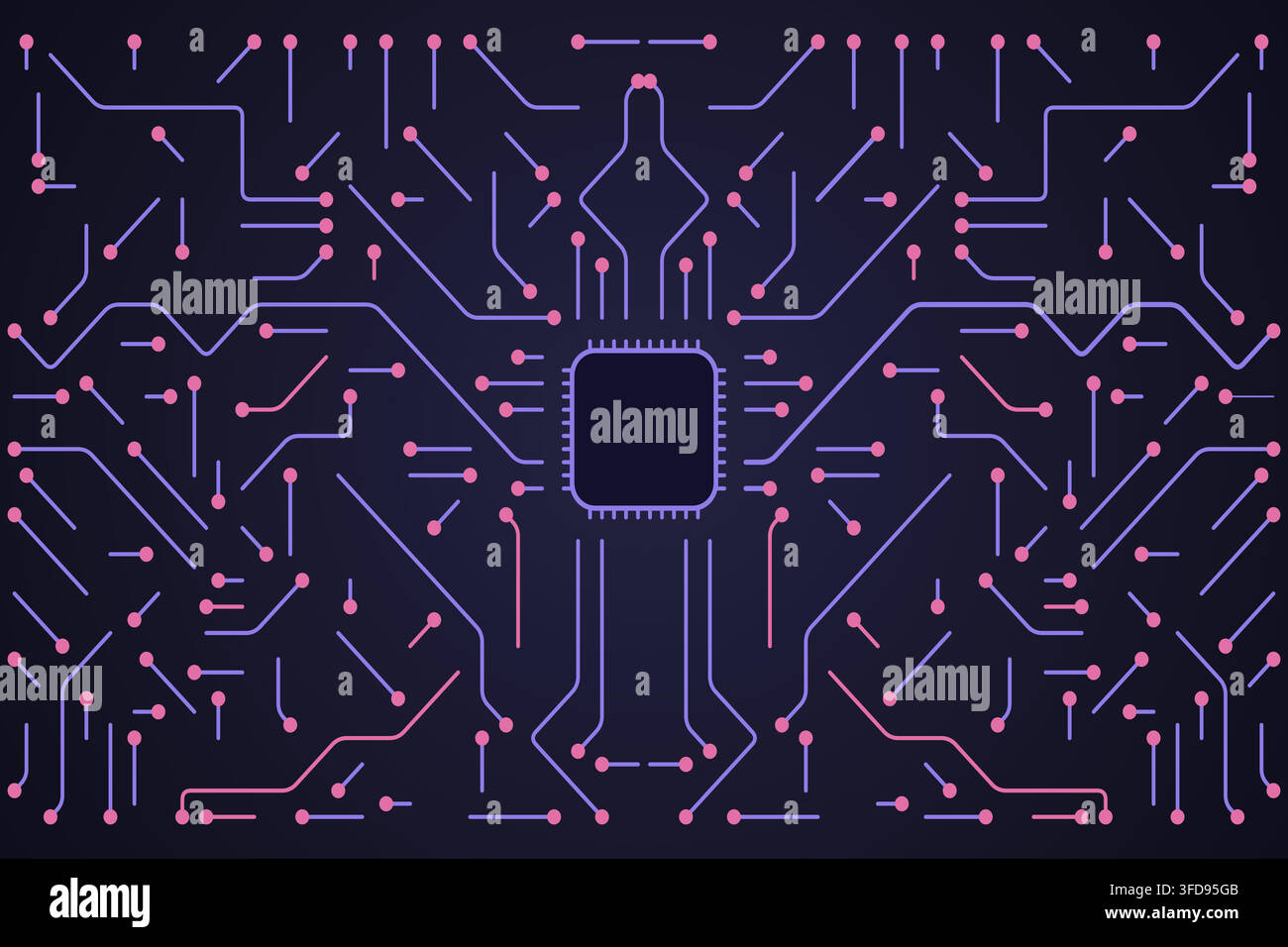 Vector illustration of a futuristic circuit board pattern with a central microchip, representing data processing and electronic connectivity. Stock Vector