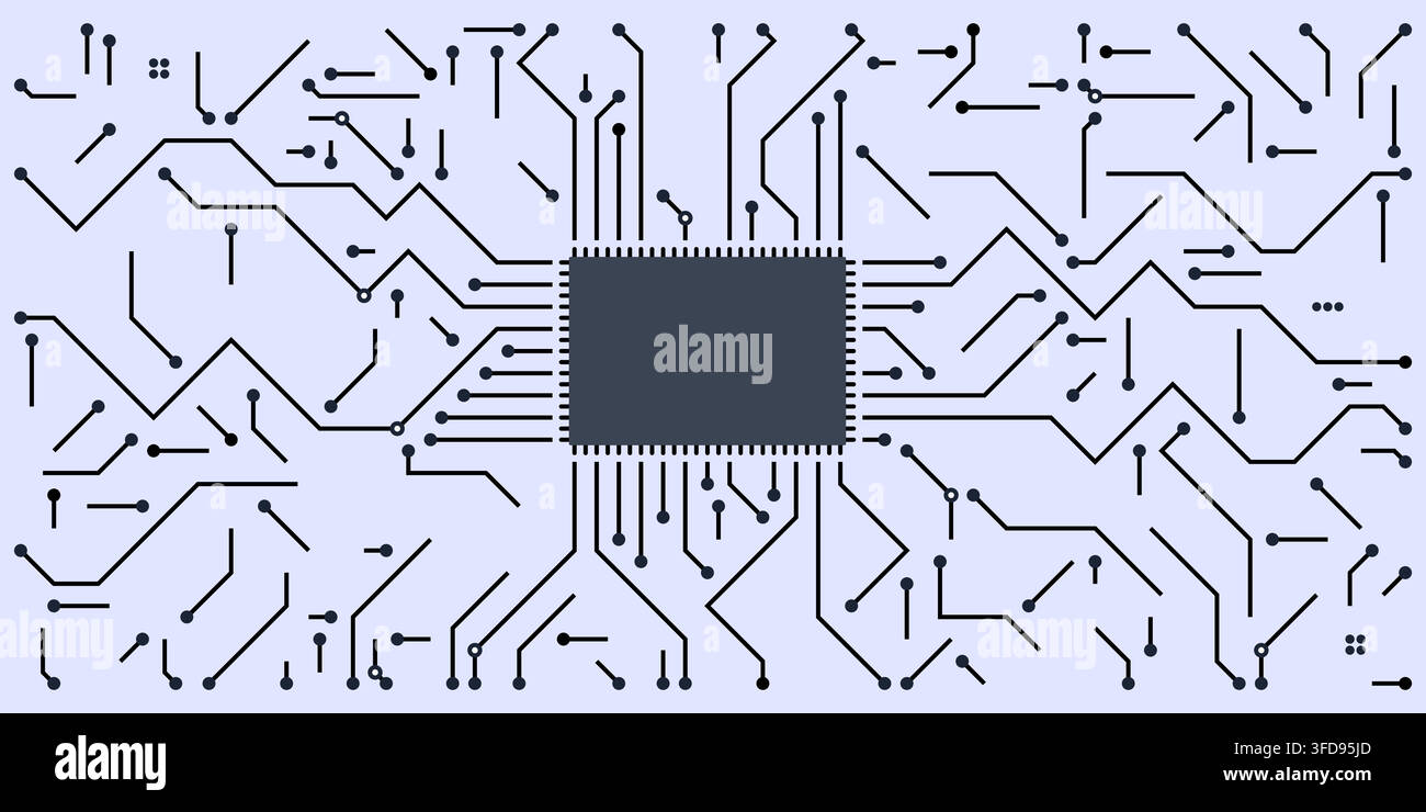 Abstract technological background featuring a central microchip processor connected to complex electronic circuit board lines and data pathways. Stock Vector