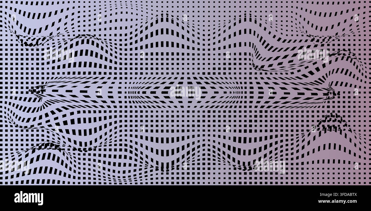 Abstract optical illusion background with distorted grid pattern and wavy black shapes Stock Vector