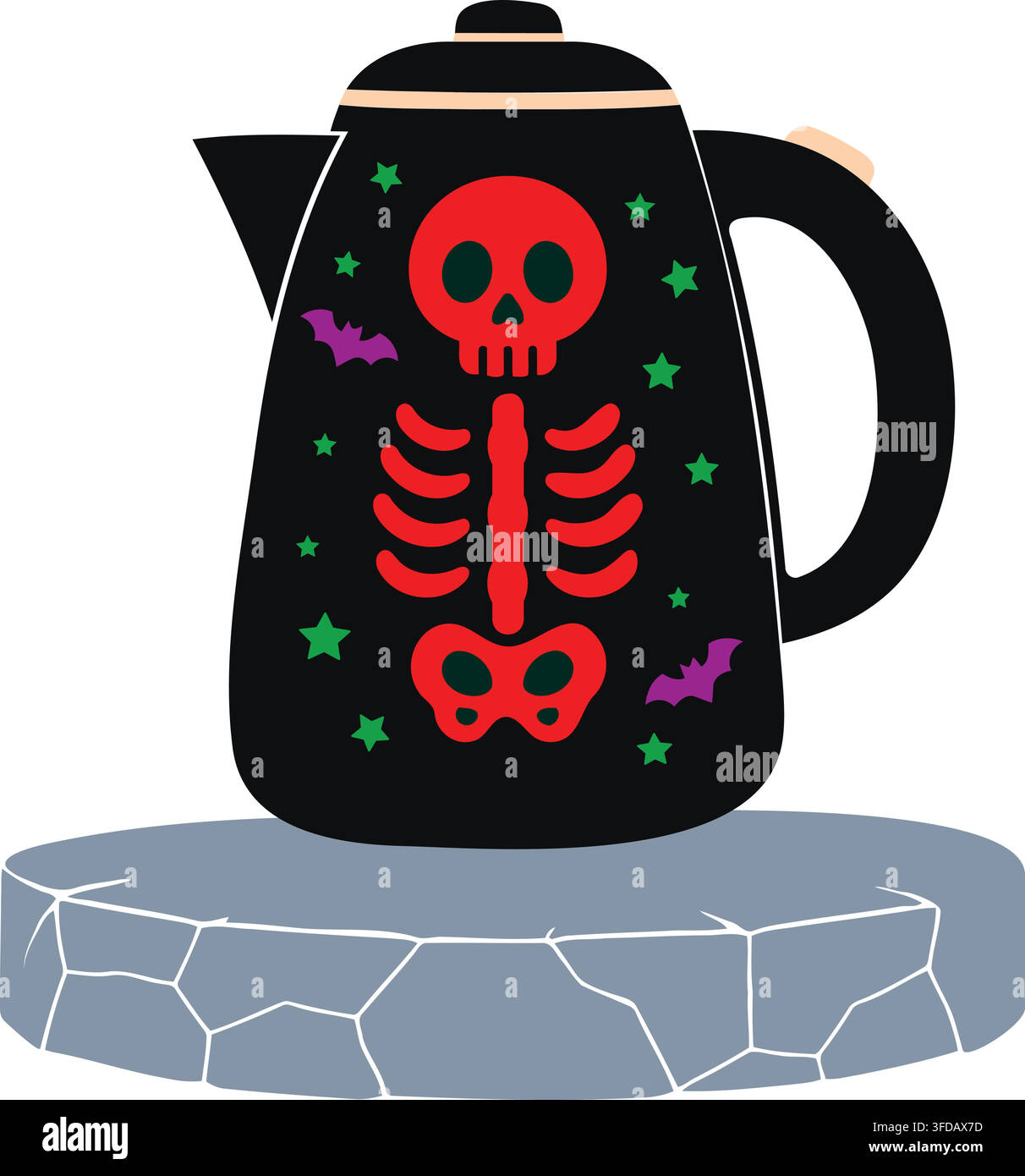 Red skeleton ghost design Teapot on a stone surface, Halloween vector illustration. Stock Vector