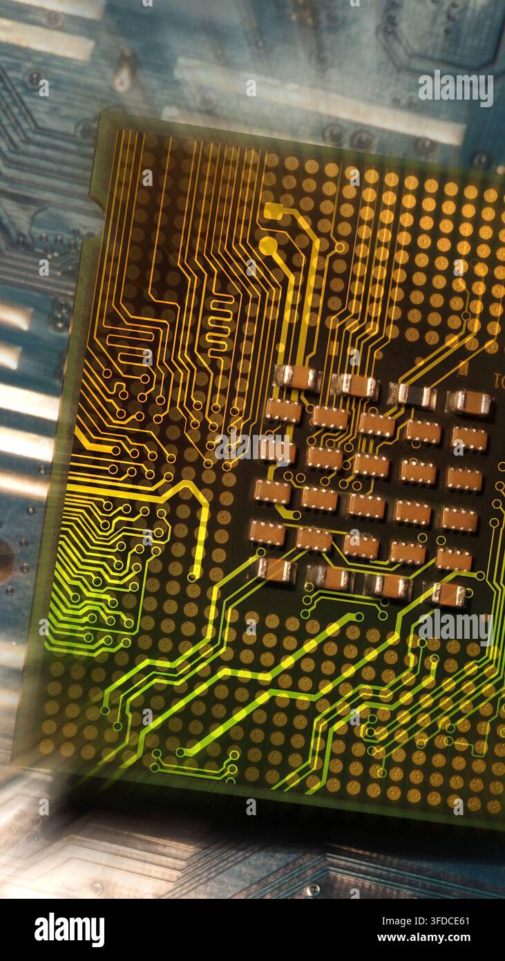 Conceptual high-tech computing hardware background with glowing gold data tracks on CPU Stock Photo
