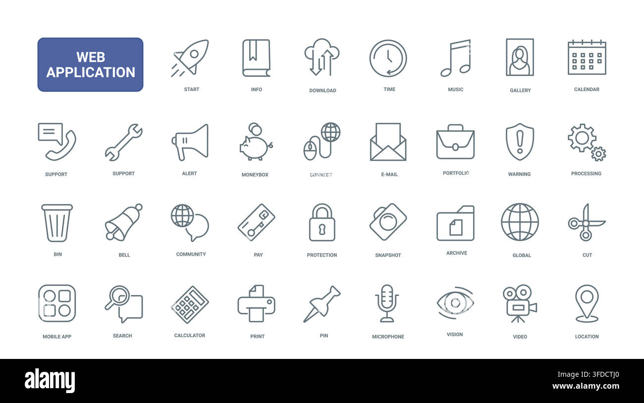 Web application interface symbols covering communication, media, security, files, navigation and productivity tools for digital platform workflows black line icons set vector illustration Stock Vector