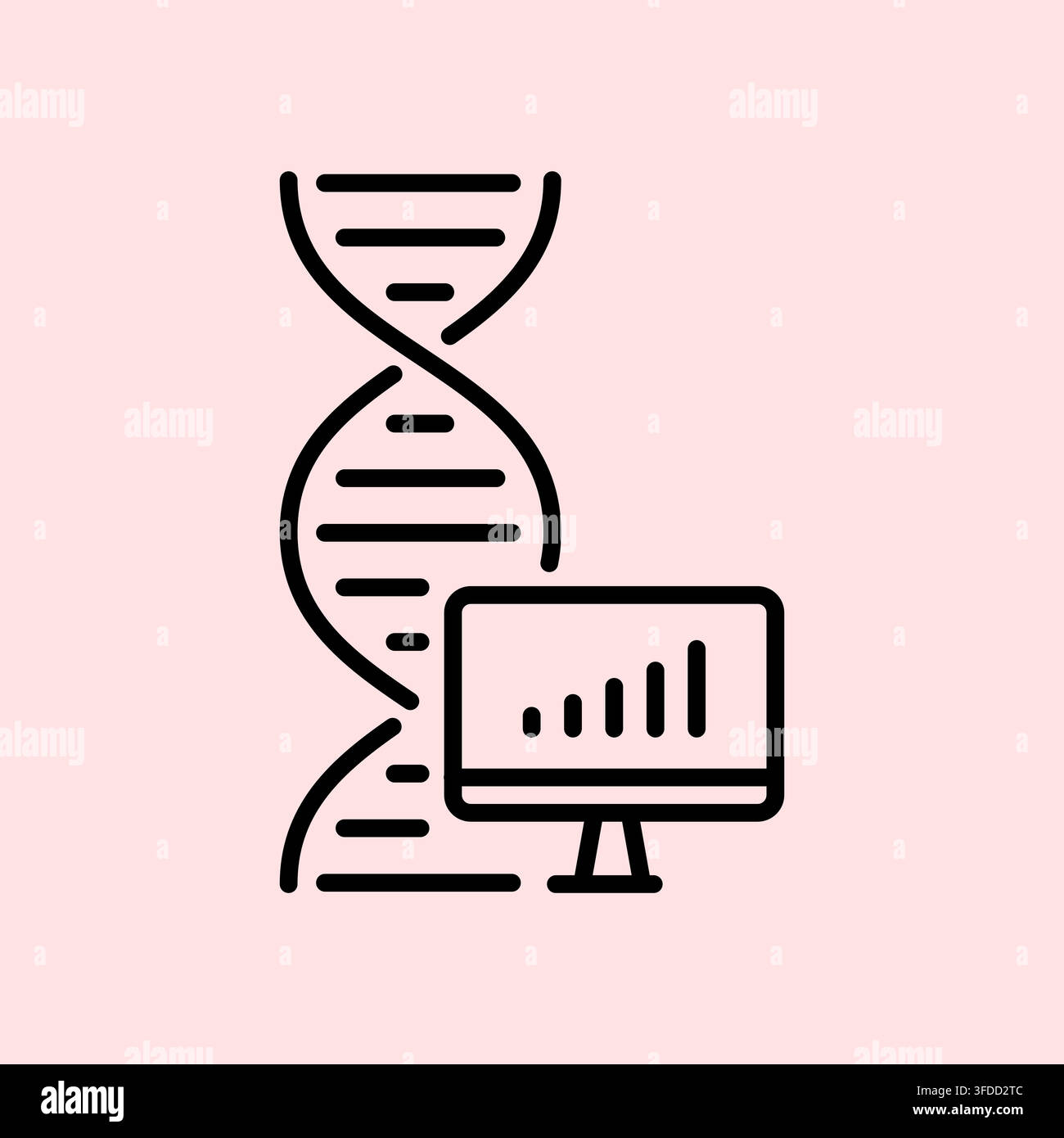 Minimalist Line Art DNA Strand Icon next to Computer Monitor Chart on Light Pink Background for Genetic Data Analytics Stock Vector