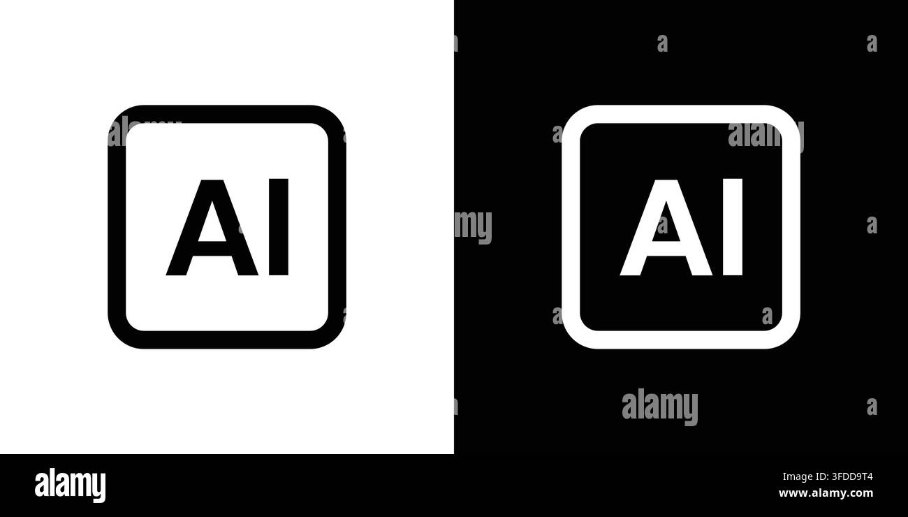 Minimalist Artificial Intelligence AI Icon Set in Black and White Rounded Square Frames Isolated on Dark and Light Backgrounds Vector Illustration Stock Vector