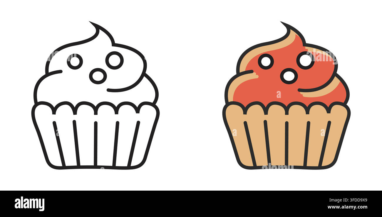 Two Cupcakes One Outline One Colored illustration Stock Vector