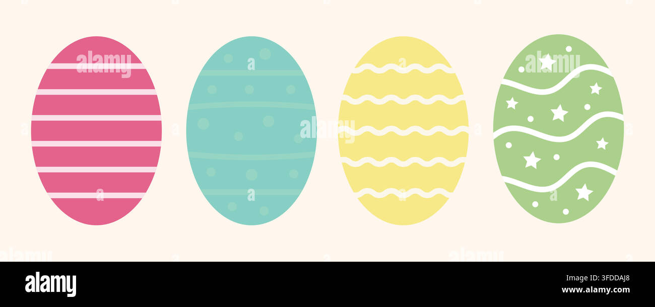 Colorful Easter Eggs Vector Set with Stripes, Polka Dots, Waves, and Star Patterns Stock Vector