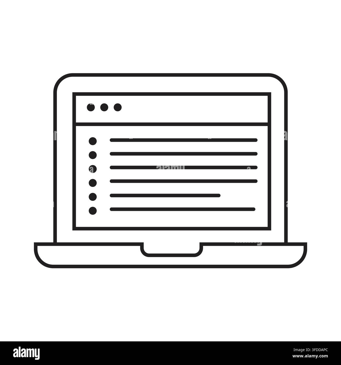 Laptop Computer Line Icon Vector Showing Browser Window with Bulleted List for Web Design, Software Interface, Online Coding, and Digital Document Pre Stock Vector