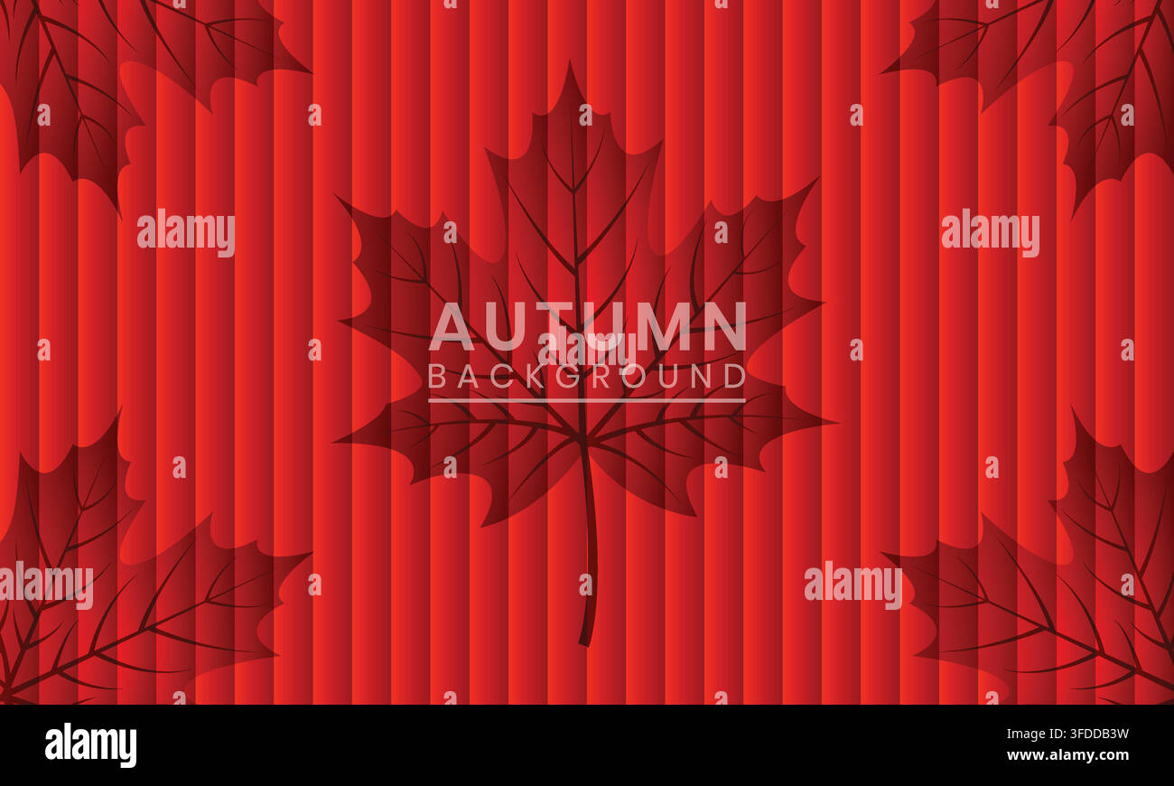 Red Autumn Maple Leaves Background with Vertical Striped Pattern Vector Stock Vector