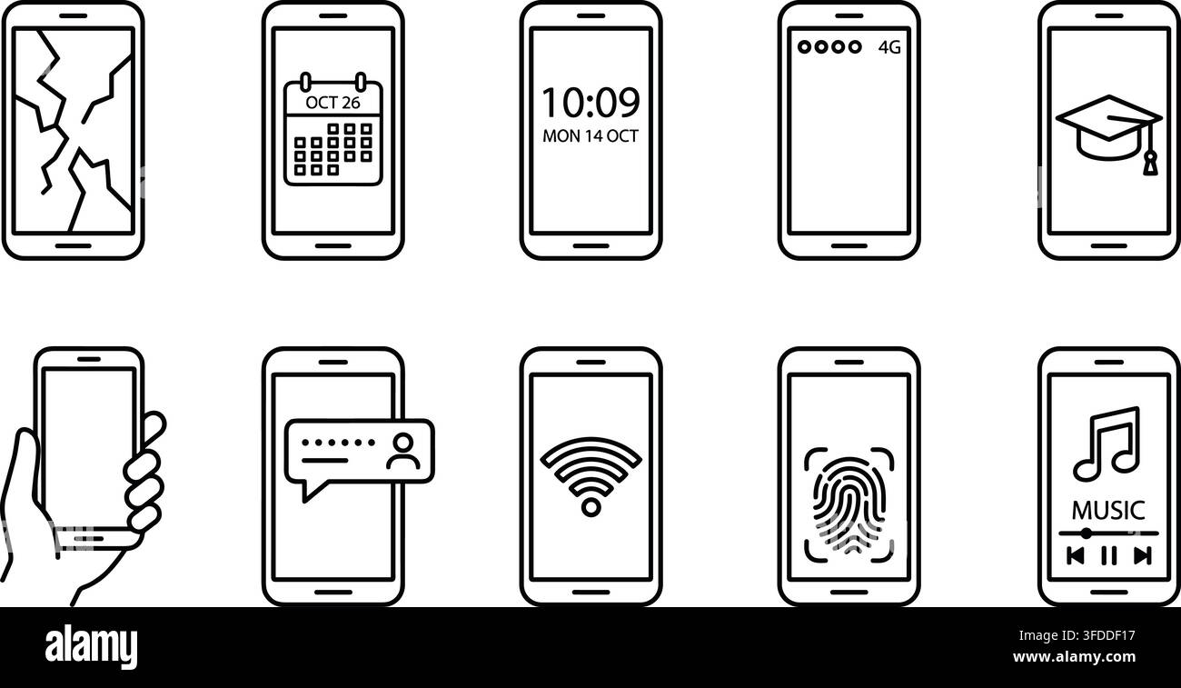 Broken screen and mobile connectivity icons feature black outline designs for various smartphone functionalities. Stock Vector