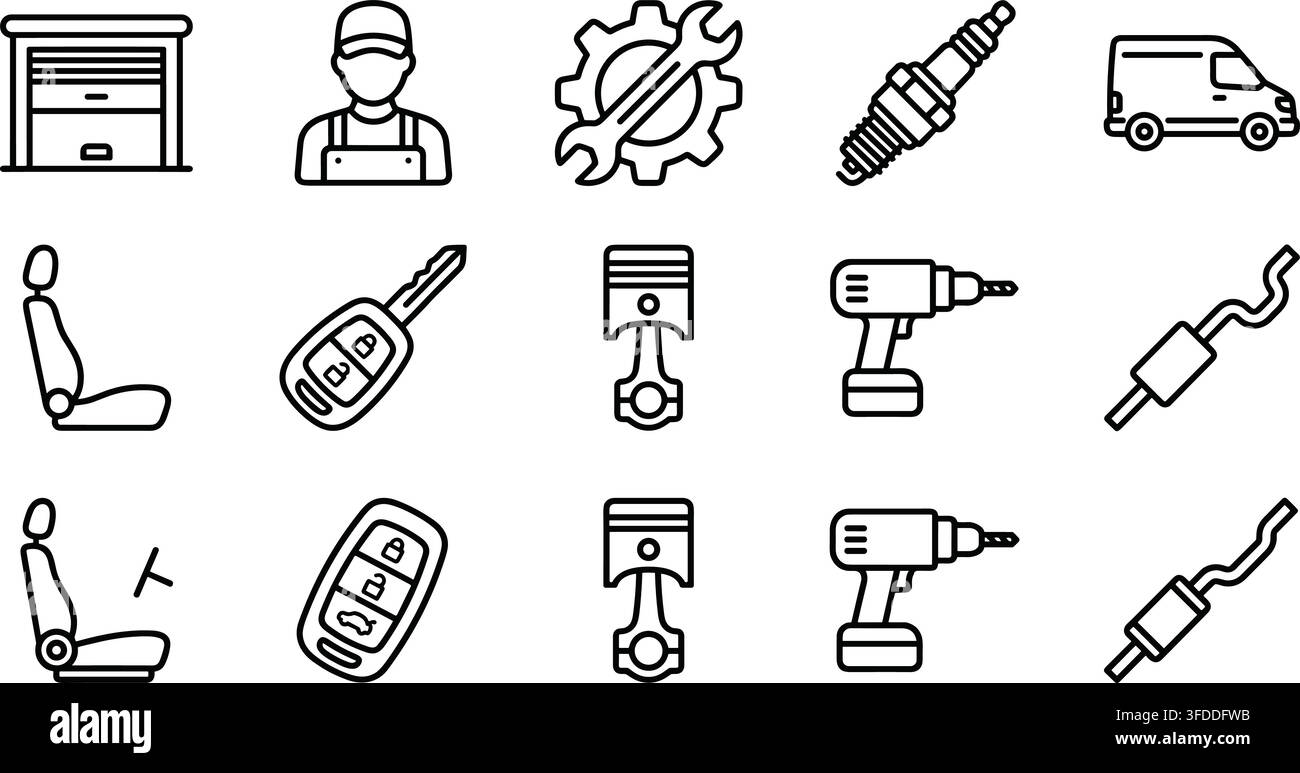 Garage and mechanical engine parts line icons black tools seat piston and drill symbols for vehicle workshop. Stock Vector