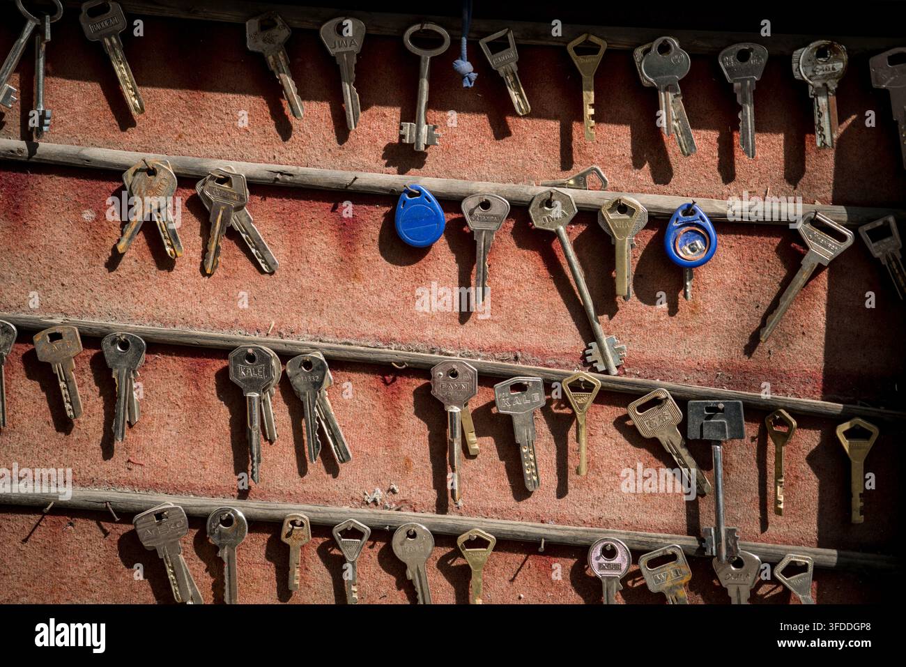 A collection of various metal keys, some old and rusted, and two round blue electronic fobs with metal rings, hang on horizontal wooden bars against a Stock Photo
