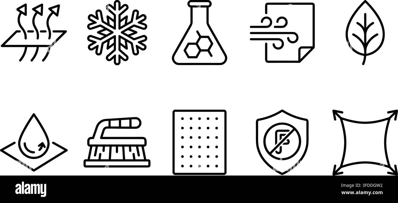 Technical fabric characteristics and textile functionality line icons showing chemical and thermal resistance. Stock Vector