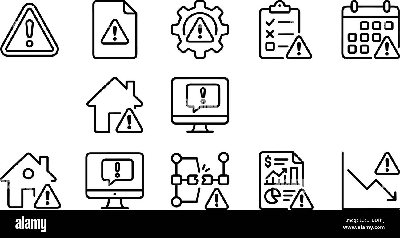 Warning and error notifications outline icons collection with alert sign documents and software interface. Stock Vector