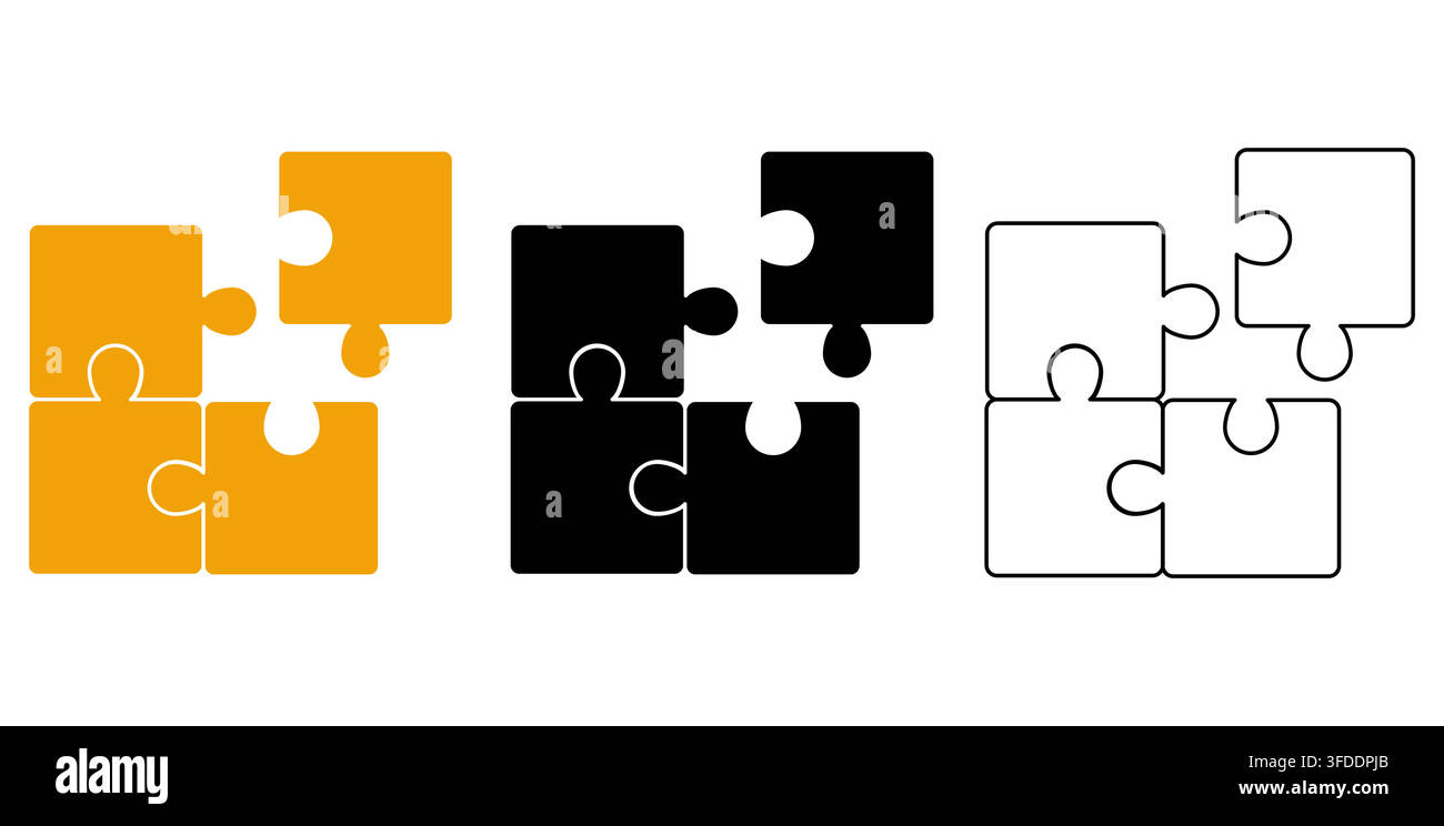 Puzzle pieces collection with solid, outline and connected jigsaw blocks vector set. Vector illustration Stock Vector