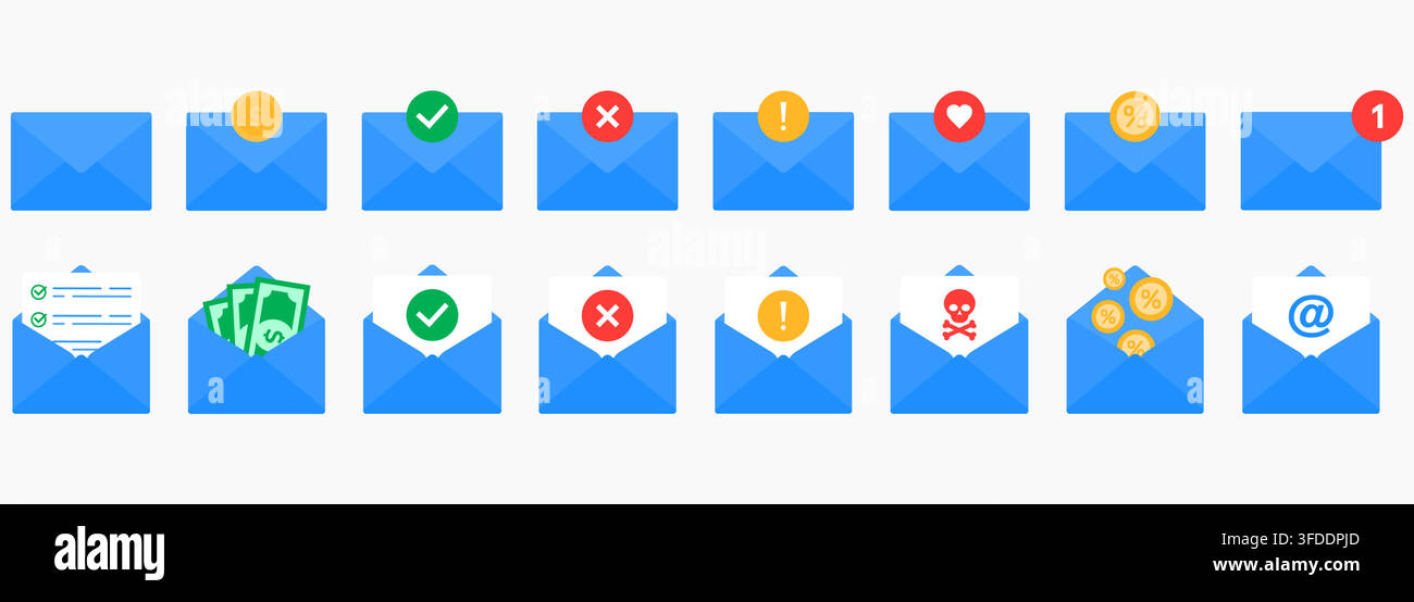 Email envelope notification flat icon collection set Stock Vector