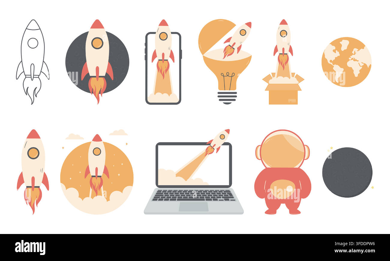 Rocket launch and space start up flat icon collection. Vector illustration Stock Vector