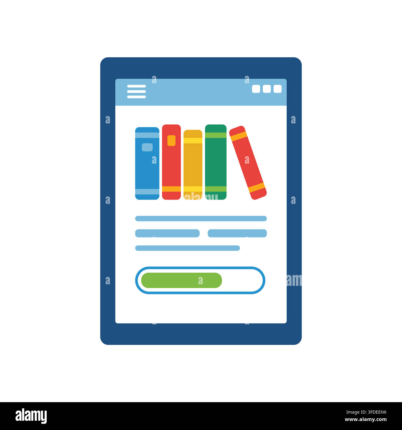 Digital Library and E-learning Concept Vector Illustration on Tablet Screen on white background isolated Stock Vector