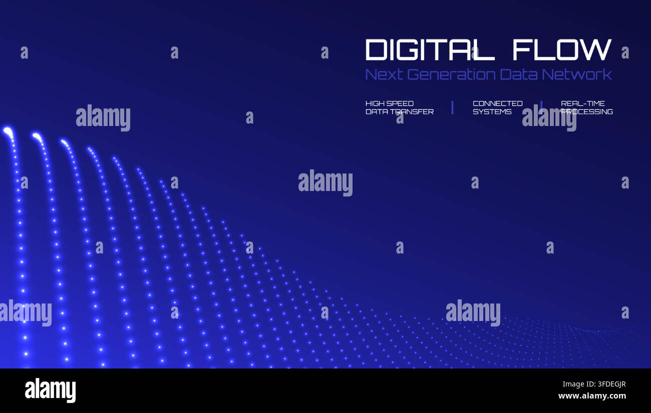 Digital technology background with glowing blue particle waves. Bright data lines. Futuristic network for data transfer, systems, processing Stock Vector