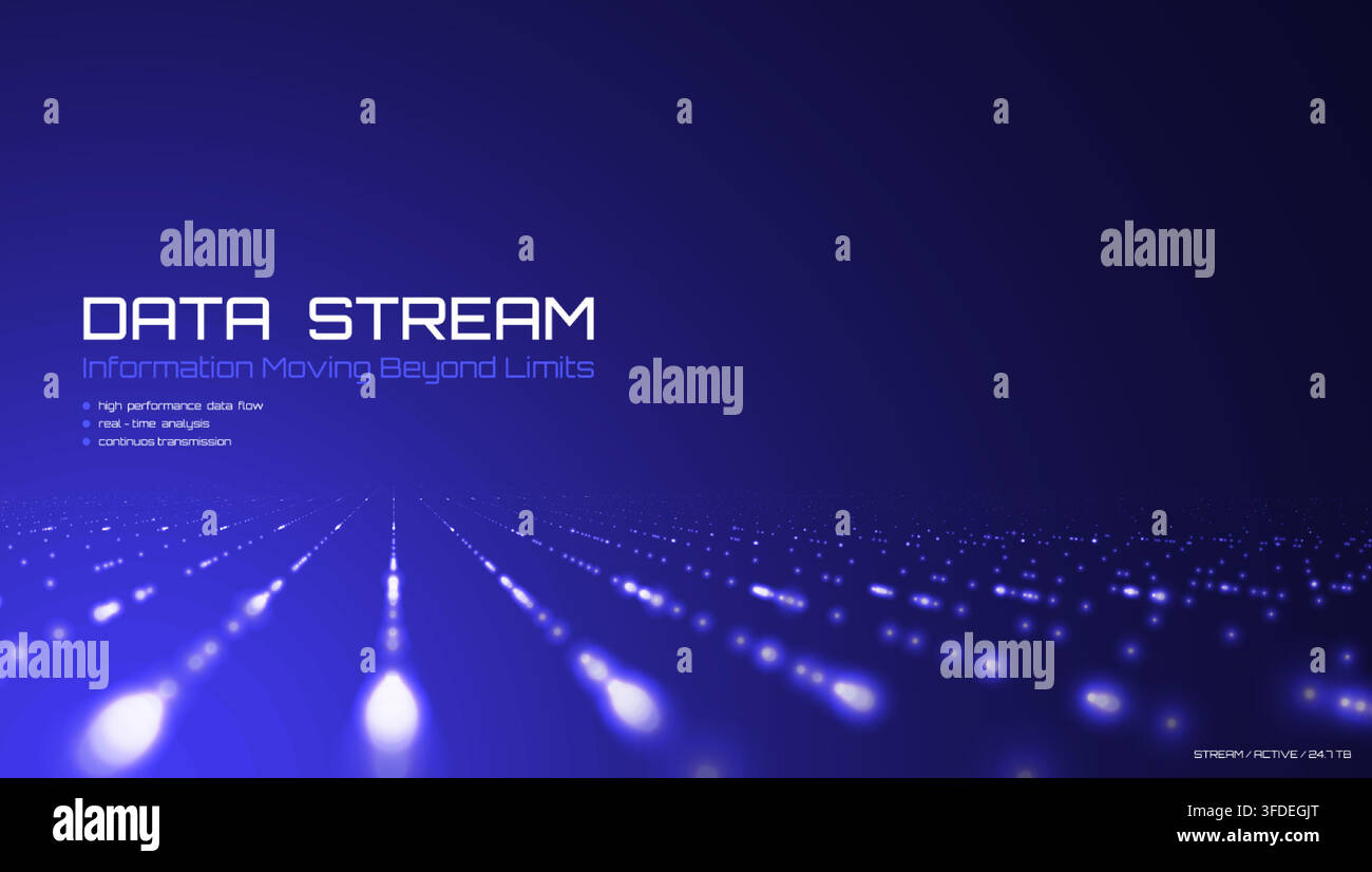 Digital data stream with glowing blue particles. Futuristic grid with data transfer effect. Dynamic technology background for networking, computing Stock Vector