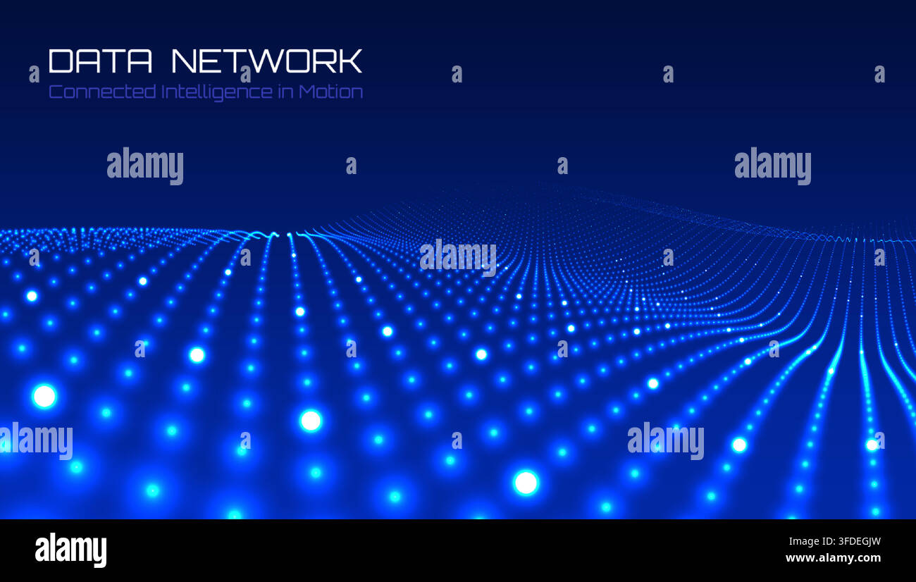 Futuristic data network with glowing blue particles. Flowing digital waves. Artificial intelligence visualization. Connectivity, computing or advanced Stock Vector