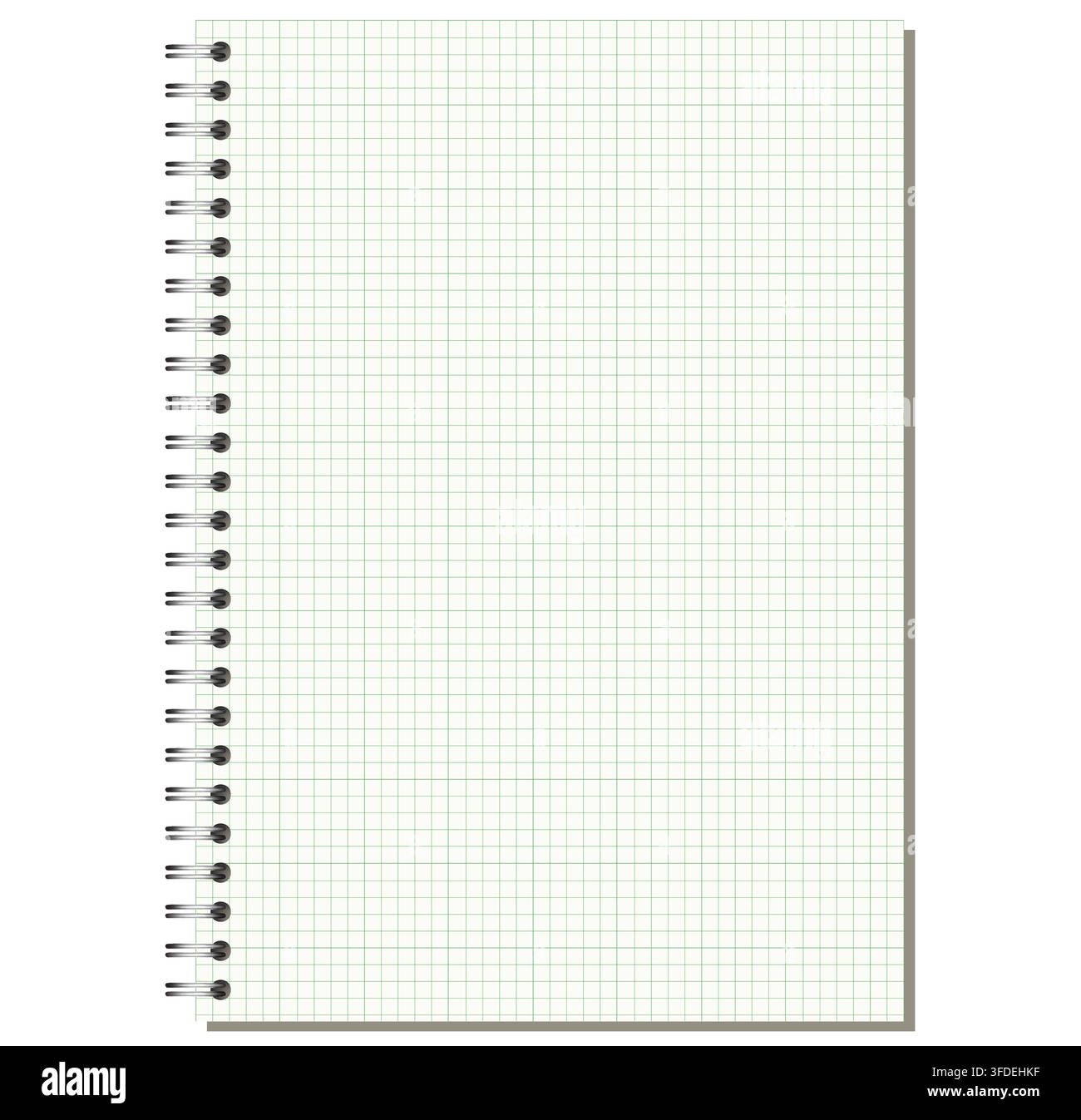 Pale Green engineering grid notebook page shows fine squared ruling, side wire binding, and upright portrait format on light gray background. Suitable Stock Vector