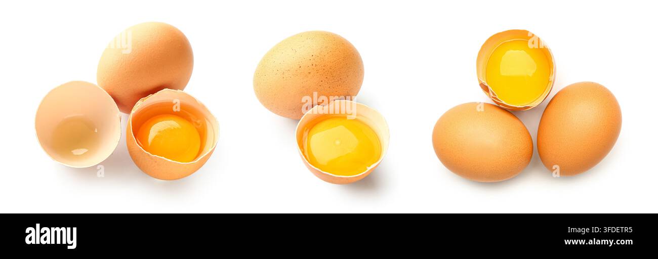 Nutrition and healthy eating, fresh brown chicken eggs with raw yolk and broken shell for cooking and baking ingredients isolated on white background Stock Photo