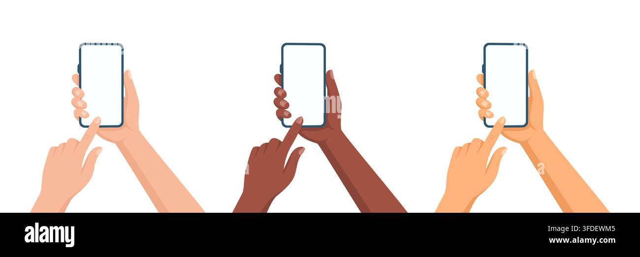 Hands Holding Smartphone Set, Vector Illustration. Flat Cartoon Diverse Skin Tone Hands Using Mobile Phone with Finger Touching Blank Screen. Modern Stock Vector