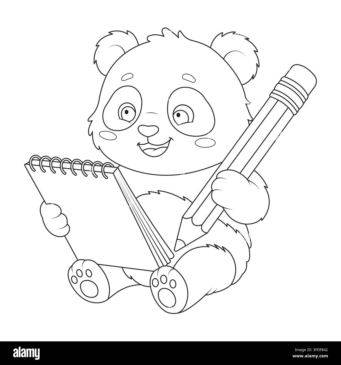 Cute line art vector illustration of a panda student holding a notepad and a big pencil Stock Vector