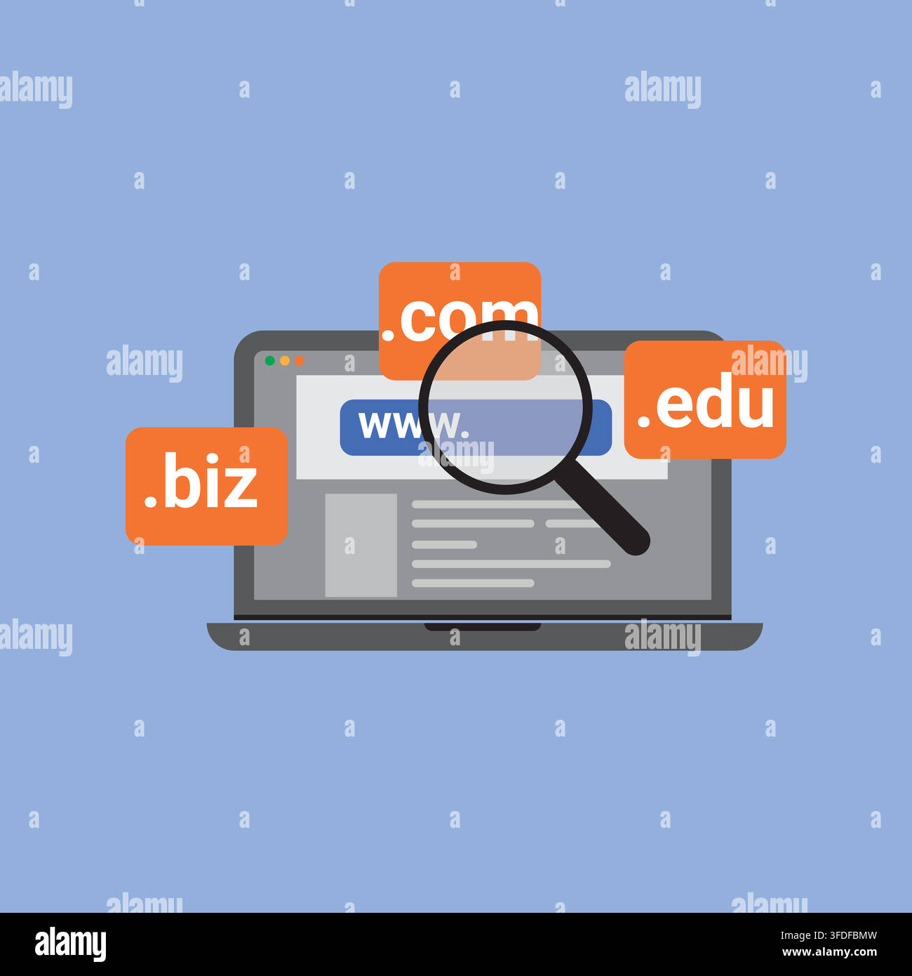 Flat Vector Domain Name Registration Concept with Laptop and Website Extensions Stock Vector